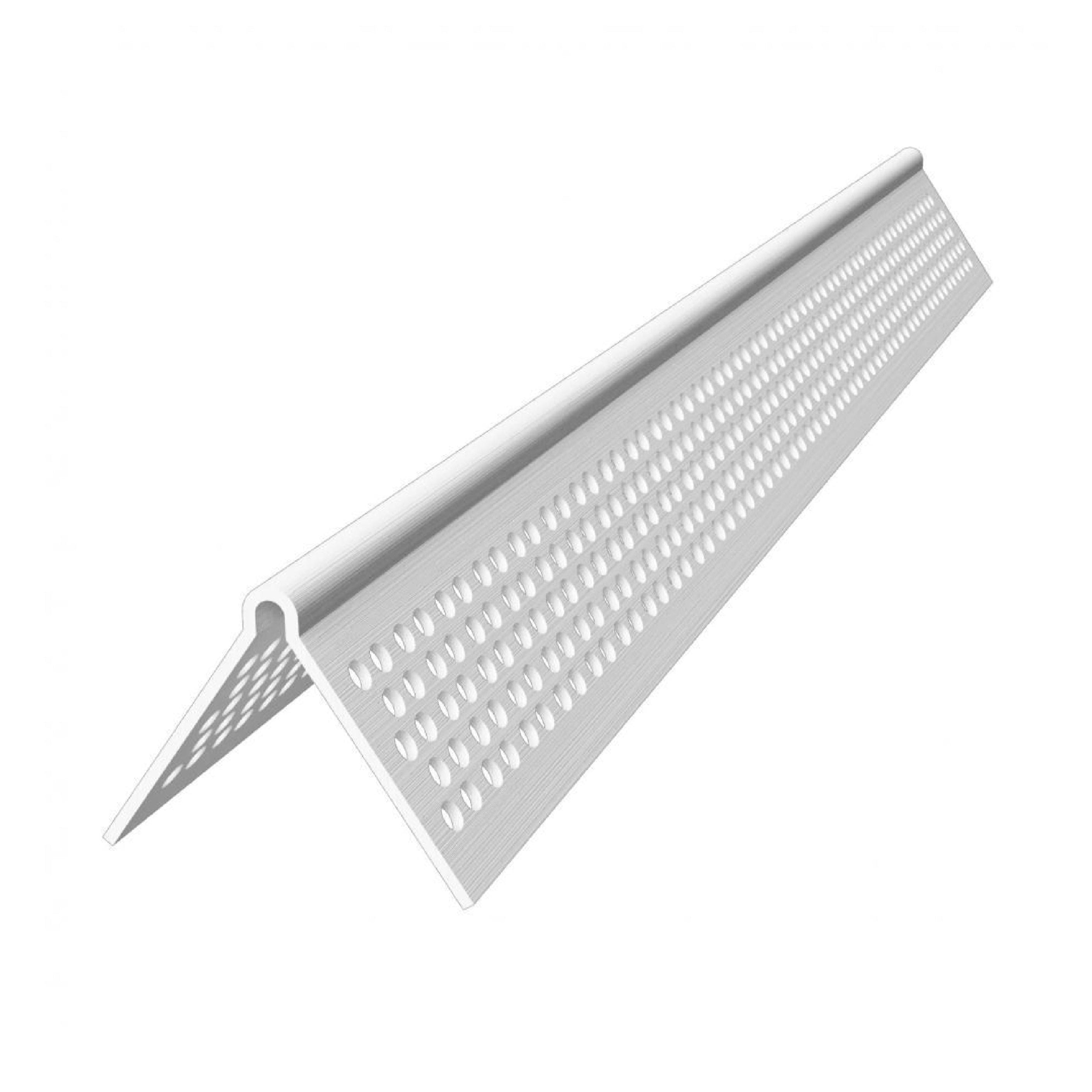 Image of a ClarkDietrich CLARKDIETRICH VLCB-10 PRO-90 1-1/4 in. x 10 ft. Vinyl Corner Bead featuring perforations along its length. This triangular structure reinforces drywall corners, with a white background highlighting its texture and joint compound bonding potential.